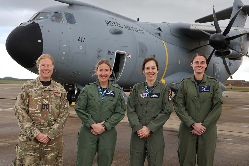 Photo: The Atlas A400M crew standing in front of their aircraft. Left to right, Air Loadmaster Sergeant Thornton, pilot Squadron Leader Stewart (Captain), Major Williams (Co-Pilot) and Flight Test Engineer, Squadron Leader Dampier.